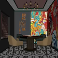 Elegant Hotel Mahjong Room With Traditional Chinese Dragon Mural Mahjong Table And Chandelier