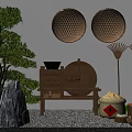 Traditional Garden Courtyard With Pine Tree Rockery Stone Wicker Baskets And Wooden Mill