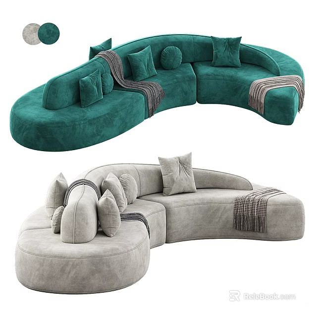Curved Teal and Gray Velvet Sofa with Decorative Pillows Soft Blankets for Modern Living Room 3d model 