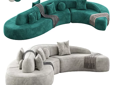 Curved Teal and Gray Velvet Sofa with Decorative Pillows Soft Blankets for Modern Living Room 3d model