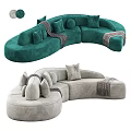 Curved Teal and Gray Velvet Sofa with Decorative Pillows Soft Blankets for Modern Living Room