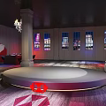 Stylish Red Tablecloth Covered Reception Desk With Receptionist And Large Red Envelope Logo 3d model