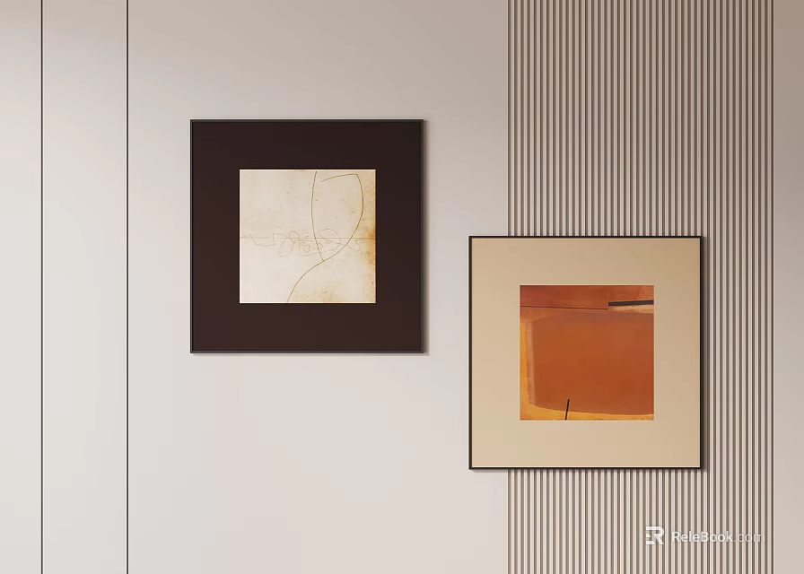 Round Frame Abstract Paintings As Wall Art On Light Colored Wall With Vertical Stripes 3d model