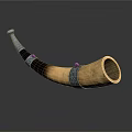 Vintage Wooden Musical Horn With Curved Design And Metallic Decorative Bands