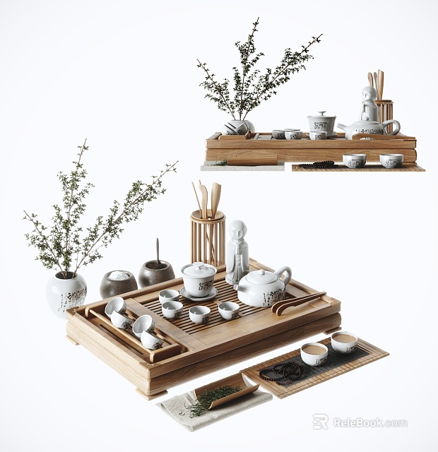 Traditional Tea Set with Wooden Tray Teacups Teapot Tea Spoons and Decorative Plants 3d model 