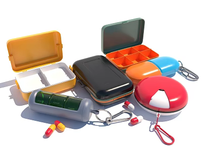 Daily Life Supplies Including Colorful Portable Pill Boxes With Compartments And Keychain 3d model