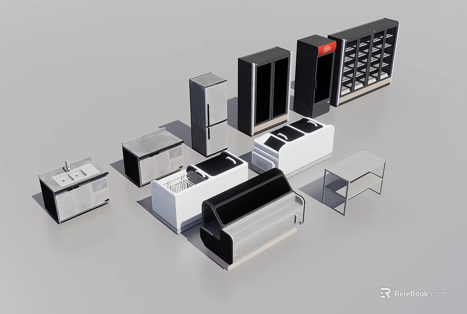Modern Kitchen Appliances Collection Including Refrigerator Stove Sink And Cabinet 3d model 