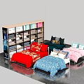 Bedding Store Display With Colorful Bed Sheets Pillows And Shelf Products 3d model
