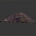 Cartoon Scene Depicting Ancient Pyramid with Stepped Platforms Purple Top and Water Reflection