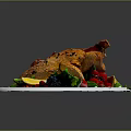 Golden Roast Chicken Plated With Fresh Vegetables Fruits And Herbs