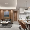 Modern Dining Living Room Interior With Wooden Walls Marble Flooring And Green Sofa