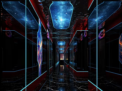 Elevator Corridor With Starry Sky Ceiling Mirrored Walls Decorative Paintings And Marble Floor 3d model