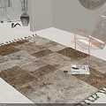 Square Rug with Beige Brown Patchwork and Tassels in White Room with Transparent Chair