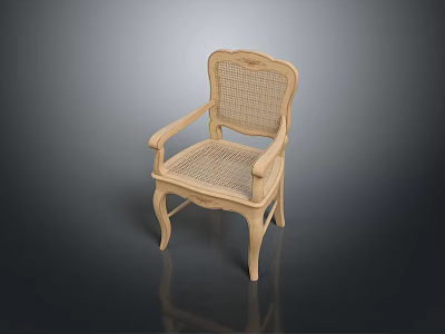 Elegant Wooden Stool With Rattan Seat Backrest And Carved Armrest Design 3d model