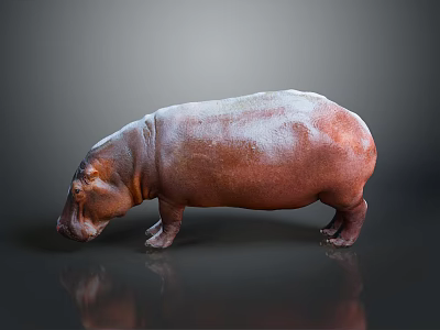 Hippo 3D Rendering With Realistic Shiny Brown Skin And Gray Background Reflection 3d model