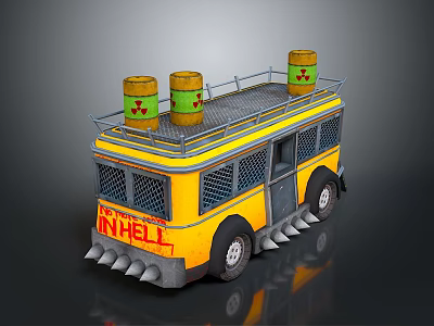 Yellow Modified Bus With Radioactive Barrels On Roof Road to Hell And Spiked Wheels 3d model