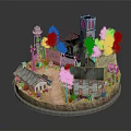 Cartoon Scene With Water Tower Trees Old Tower Small Houses Fence And Circular Base