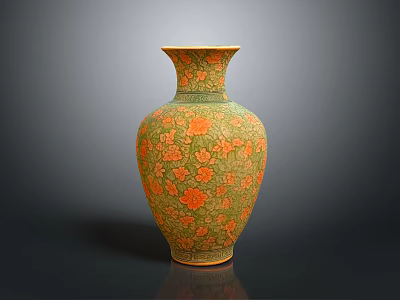 Decorative Ceramic Vase With Green Orange Floral Patterns For Home Decoration 3d model