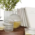 Elegant Decorative Ornament Set With Green Plants Stacked Books Glass Vases Candles And Wooden Tray
