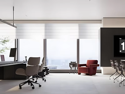 Modern Office Interior With Desk Chairs Red Sofa Large Windows And TV Screen 3d model