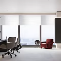 Modern Office Interior With Desk Chairs Red Sofa Large Windows And TV Screen