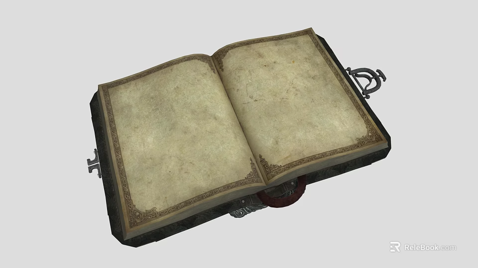Vintage Open Book With Yellowed Pages Decorative Borders Metal Clasps And Red Seal 3d model 