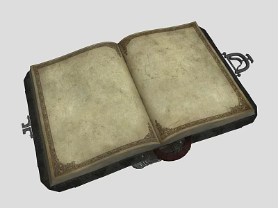 Vintage Open Book With Yellowed Pages Decorative Borders Metal Clasps And Red Seal 3d model