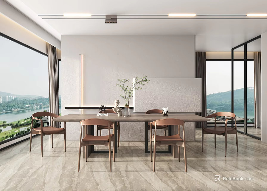 Modern Restaurant Featuring Large Windows Lake View Long Dining Table Wooden Chairs and Vase 3d model 