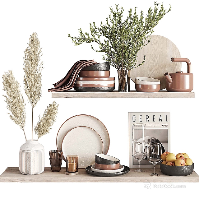 Modern Dinnerware Set With Plates Bowls Cups Green Plants And Fruits On Shelf 3d model 