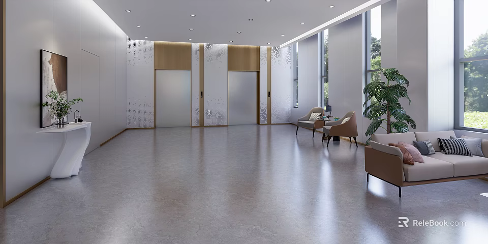Modern Service Hall Interior Featuring Elevators Sofas Plants Large Windows And Marble Floor 3d model 