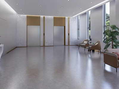 Modern Service Hall Interior Featuring Elevators Sofas Plants Large Windows And Marble Floor 3d model