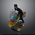 Person In Black Suit With Cat Ear Helmet Riding Colorful Orange Blue Motorcycle