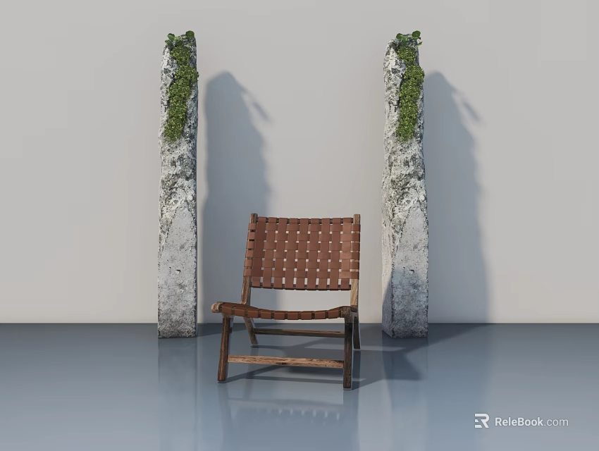 Swing Door In Interior Space With Moss Covered Stone Pillars And Woven Chair 3d model 
