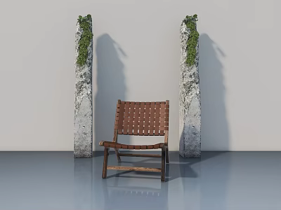 Swing Door In Interior Space With Moss Covered Stone Pillars And Woven Chair 3d model