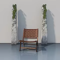 Swing Door In Interior Space With Moss Covered Stone Pillars And Woven Chair