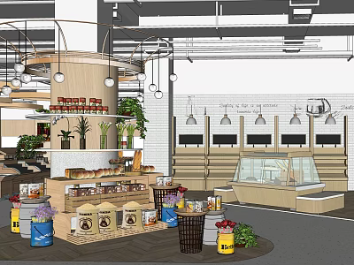 Modern Supermarket Department Store Interior With Bakery Shelves Display Cases And Plants 3d model