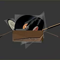 Household Supplies In Open Cardboard Box With Vinyl Records And Red Items