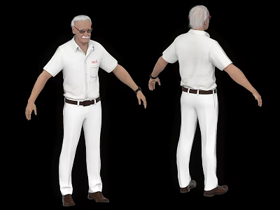 Man With White Hair Mustache White Shirt White Pants Brown Belt Brown Shoes Full Body 3d model