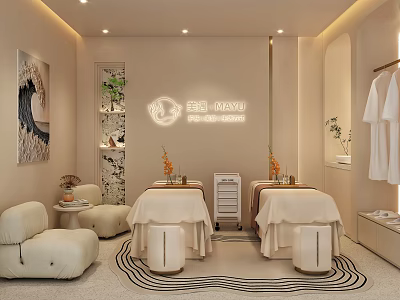 Modern Beauty Hair Salon Interior With Comfortable Beds Decorative Paintings and Soft Lighting 3d model