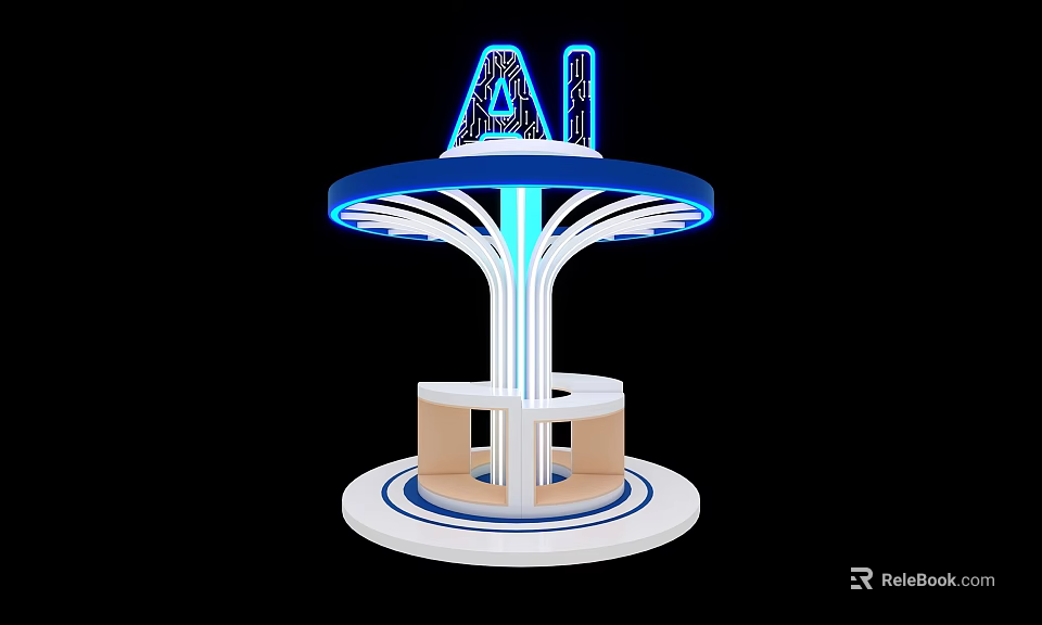 AI Themed Art Installation With Neon Blue Lighting And Circular Canopy Design 3d model 