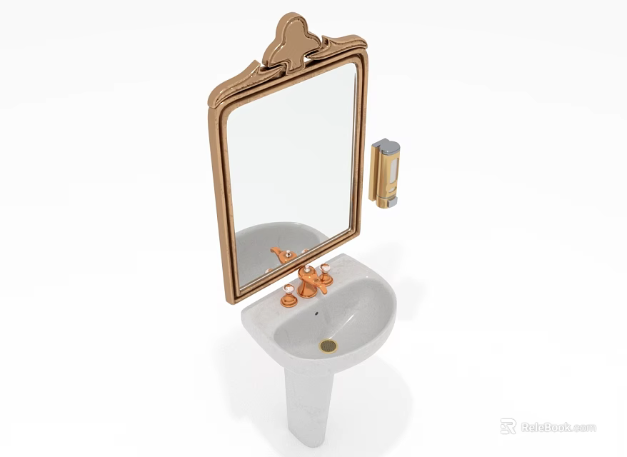 Bathroom Sink Setup With White Pedestal Sink Gold Framed Mirror And Copper Faucet 3d model 