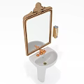 Bathroom Sink Setup With White Pedestal Sink Gold Framed Mirror And Copper Faucet