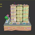 Cartoon Scene With Multi Story Yellow Building Windows Doors Green Trees And Street