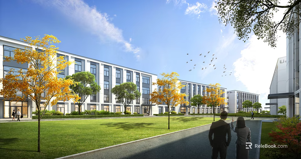 Modern Industrial Park With Green Trees People Walking And Birds Flying 3d model 
