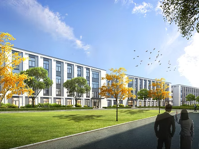 Modern Industrial Park With Green Trees People Walking And Birds Flying 3d model