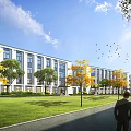 Modern Industrial Park With Green Trees People Walking And Birds Flying
