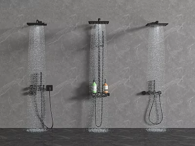 Three Shower Systems With Flowing Water On Gray Bathroom Wall And Shelf With Toiletries 3d model