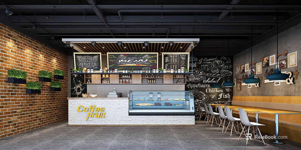 Bubble Tea Shop Interior With Brick Wall Counter Display Case And Chalkboard Menu 3d model 