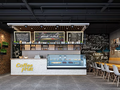 Bubble Tea Shop Interior With Brick Wall Counter Display Case And Chalkboard Menu 3d model