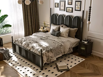 Classic Double Bed With Decorative Headboard Patterned Bedding Nightstand And Checkered Rug 3d model